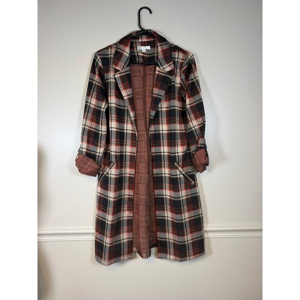 Cato Plaid Longline Blazer Coat Womens Medium Red Black Excellent Trench Style